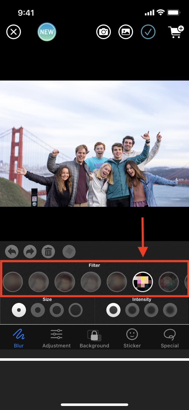 Scegli lo strumento Pixel nell'app Sfocatura su iPhone