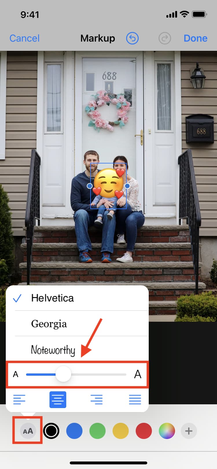 Regola di conseguenza la dimensione delle emoji per nascondere il volto da una foto su iPhone