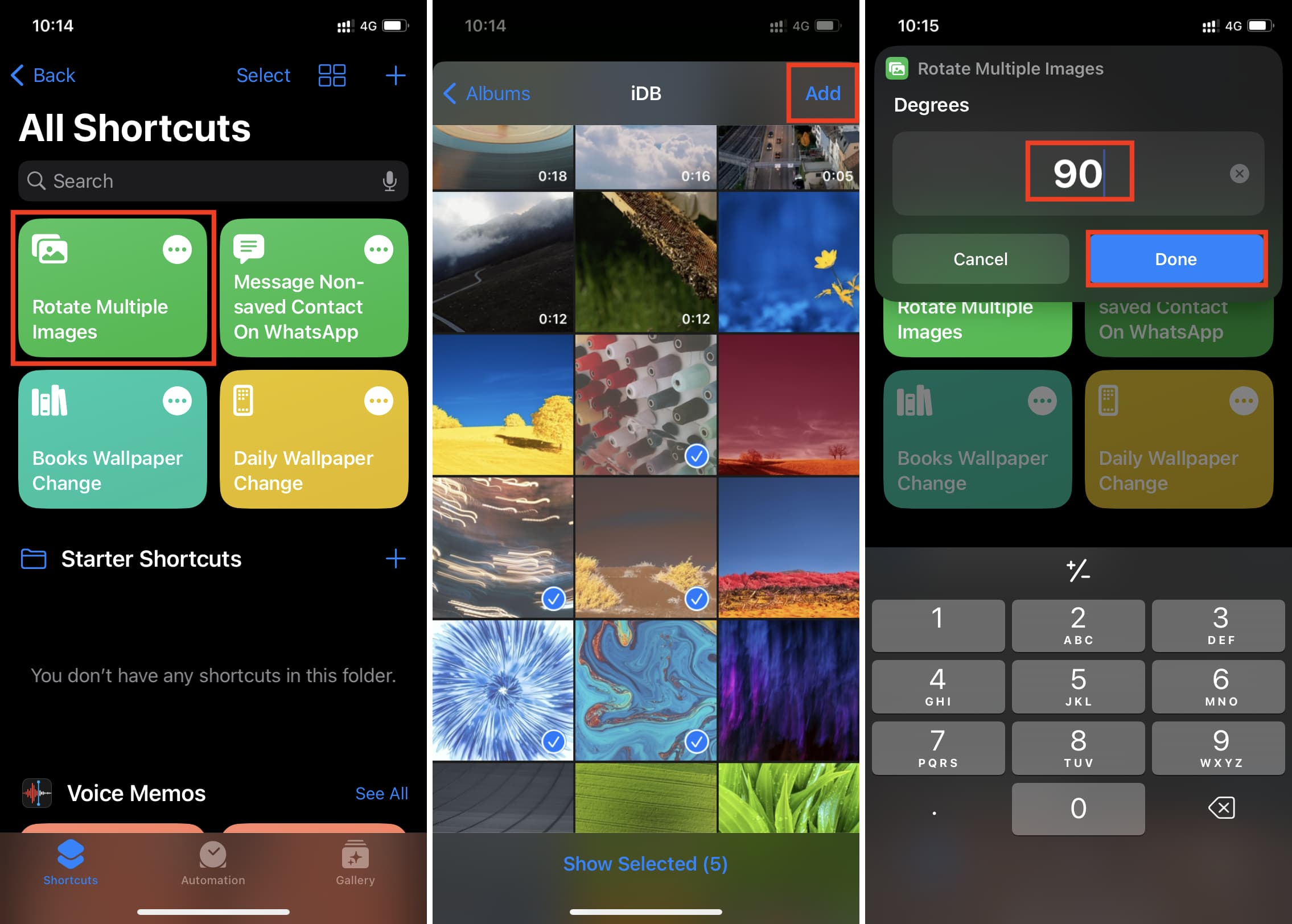 Tre screenshot che evidenziano i passaggi per ruotare più immagini contemporaneamente su iPhone utilizzando la scorciatoia iOS