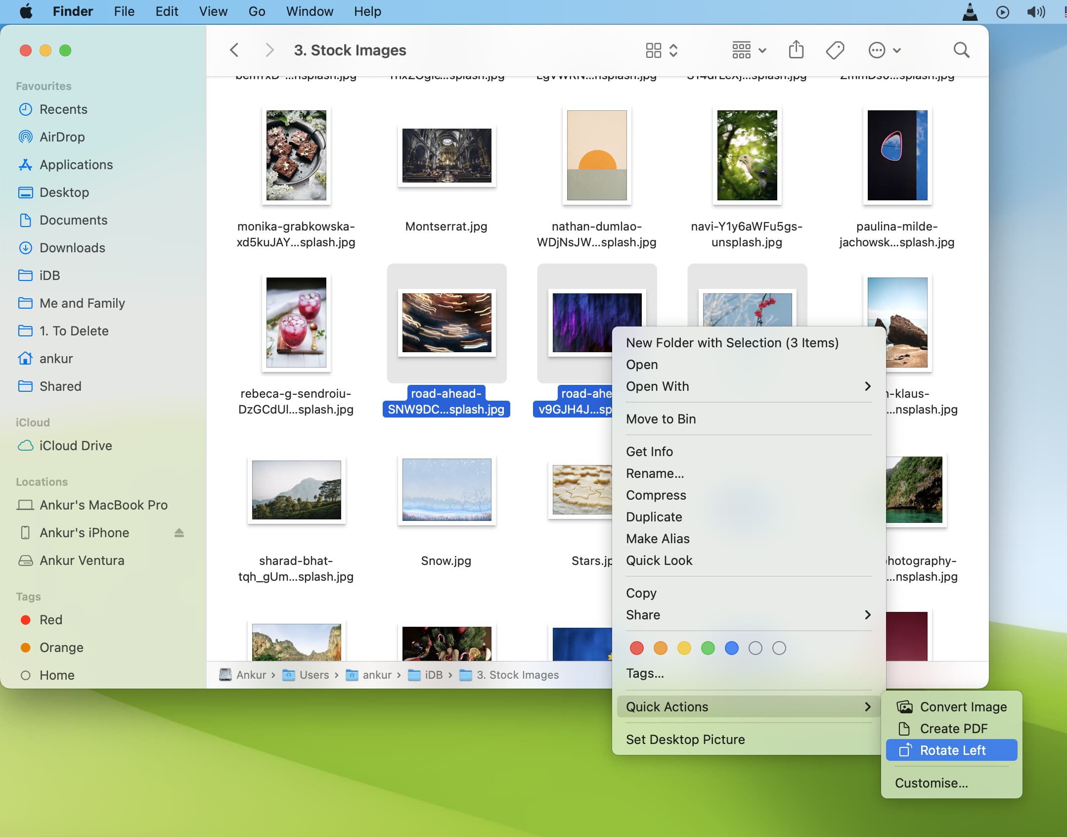 Passaggi su uno screenshot che mostra come ruotare più immagini contemporaneamente utilizzando Azioni rapide su Mac