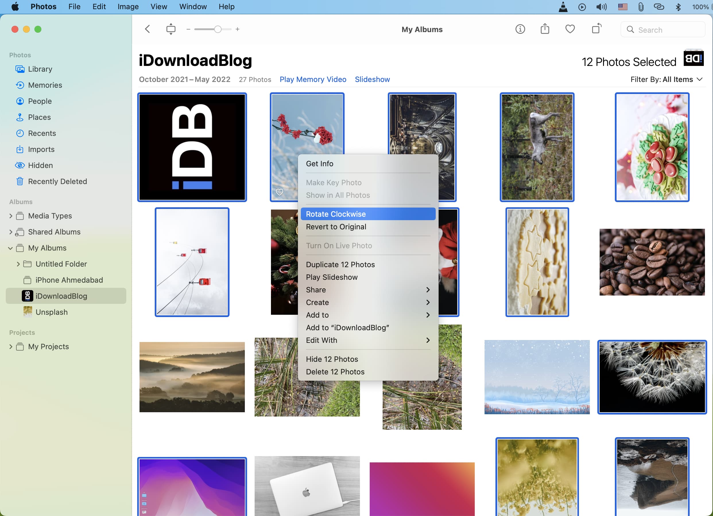 Screenshot che mostra come ruotare più immagini in senso orario utilizzando l'app Foto sul Mac