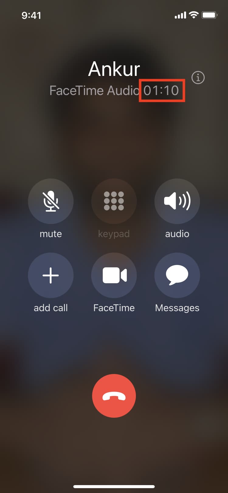 Durata della chiamata audio FaceTime sullo schermo dell'iPhone