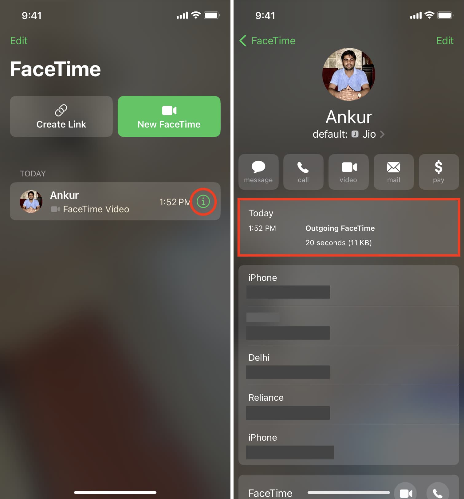 Controlla la durata delle chiamate FaceTime nell'app FaceTime su iPhone