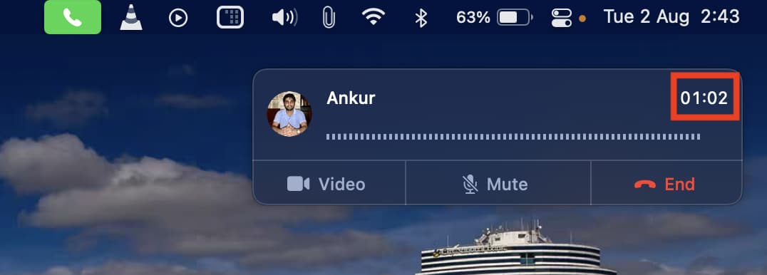 Durata della chiamata audio FaceTime sullo schermo del Mac