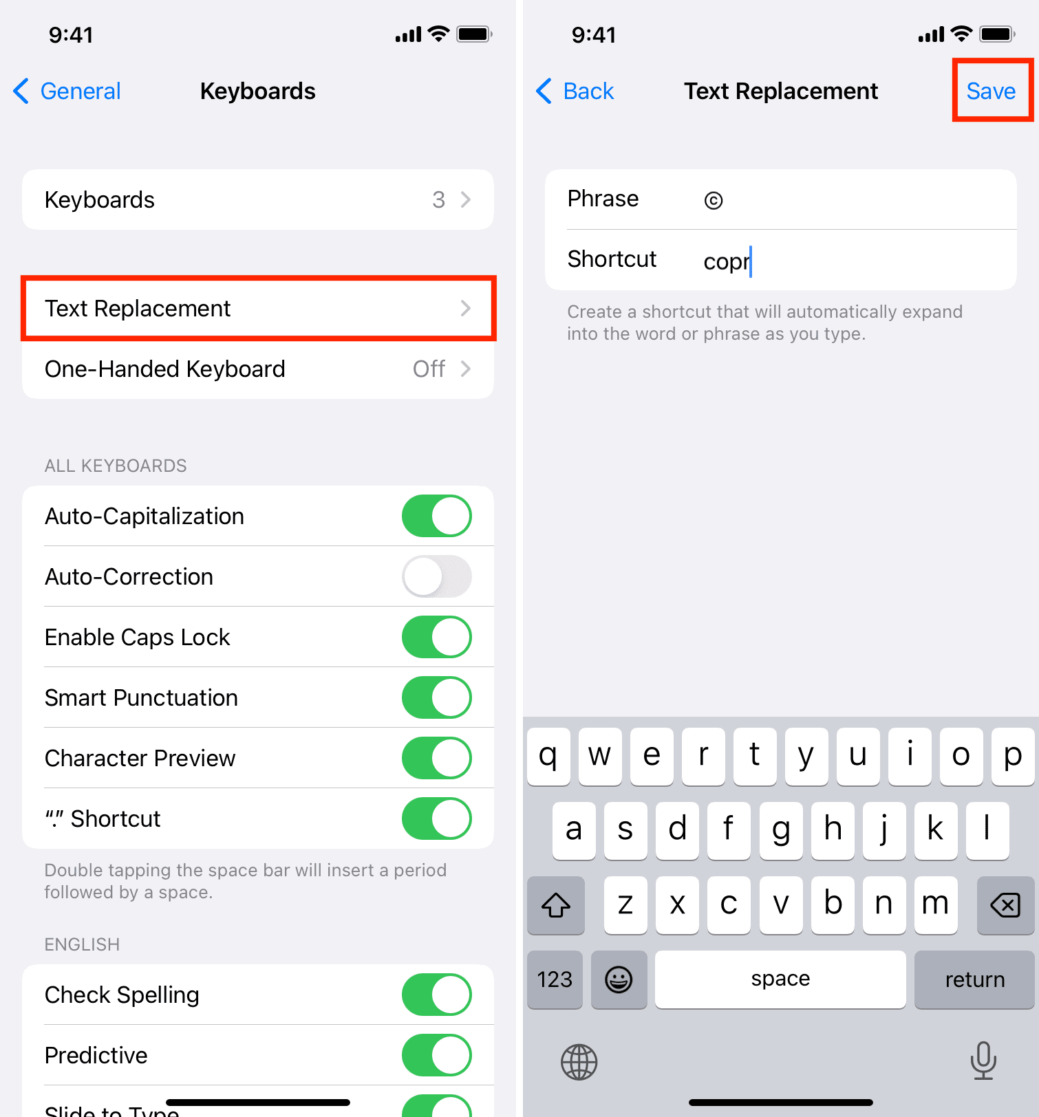 Aggiungi il simbolo del copyright alla sostituzione del testo su iPhone