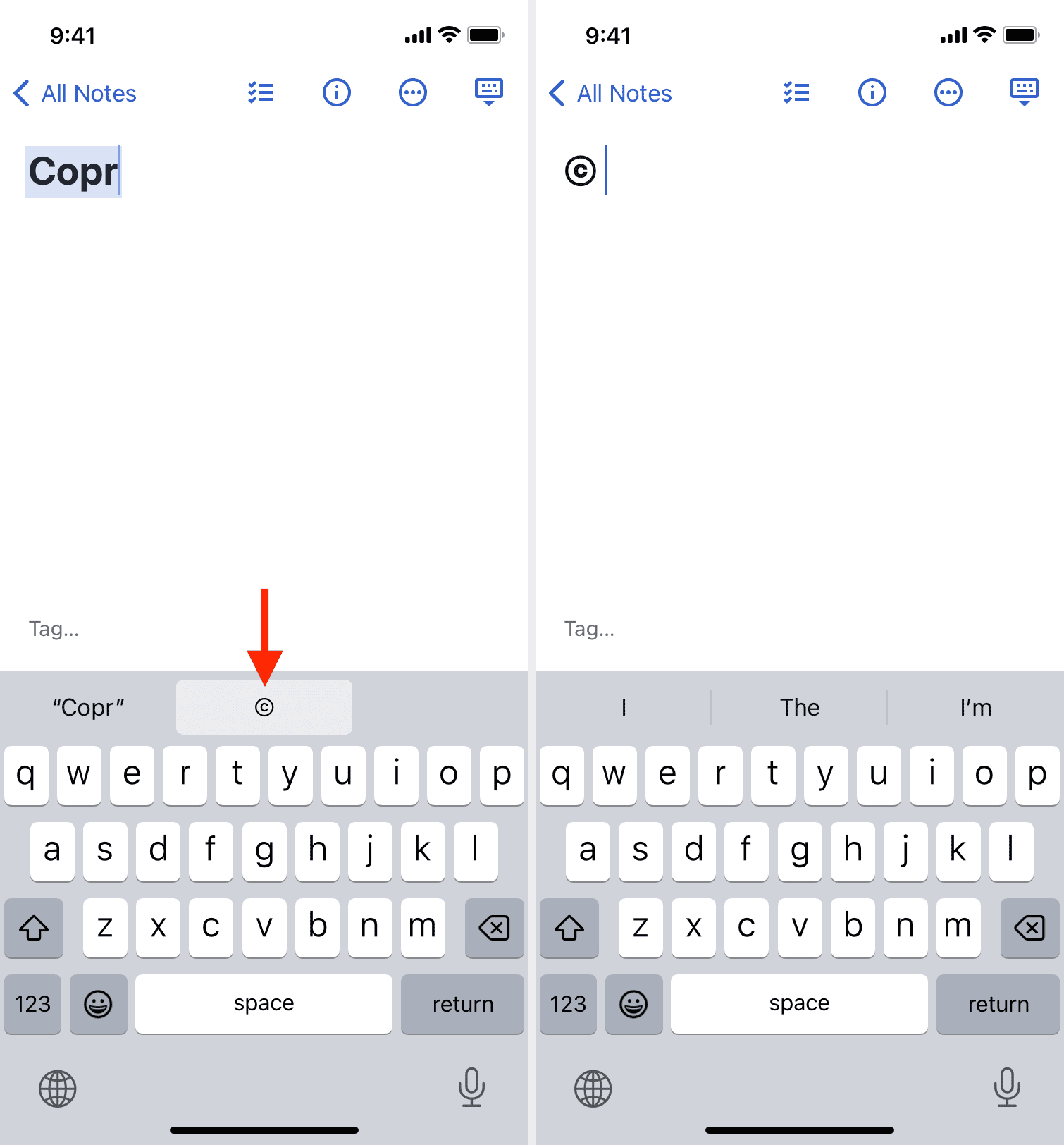 Digita Copyright e altri simboli speciali su iPhone