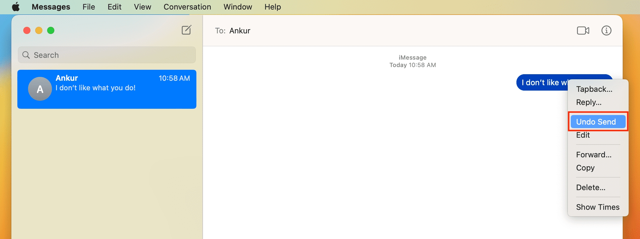 Screenshot del Mac che mostra come annullare l'invio del messaggio