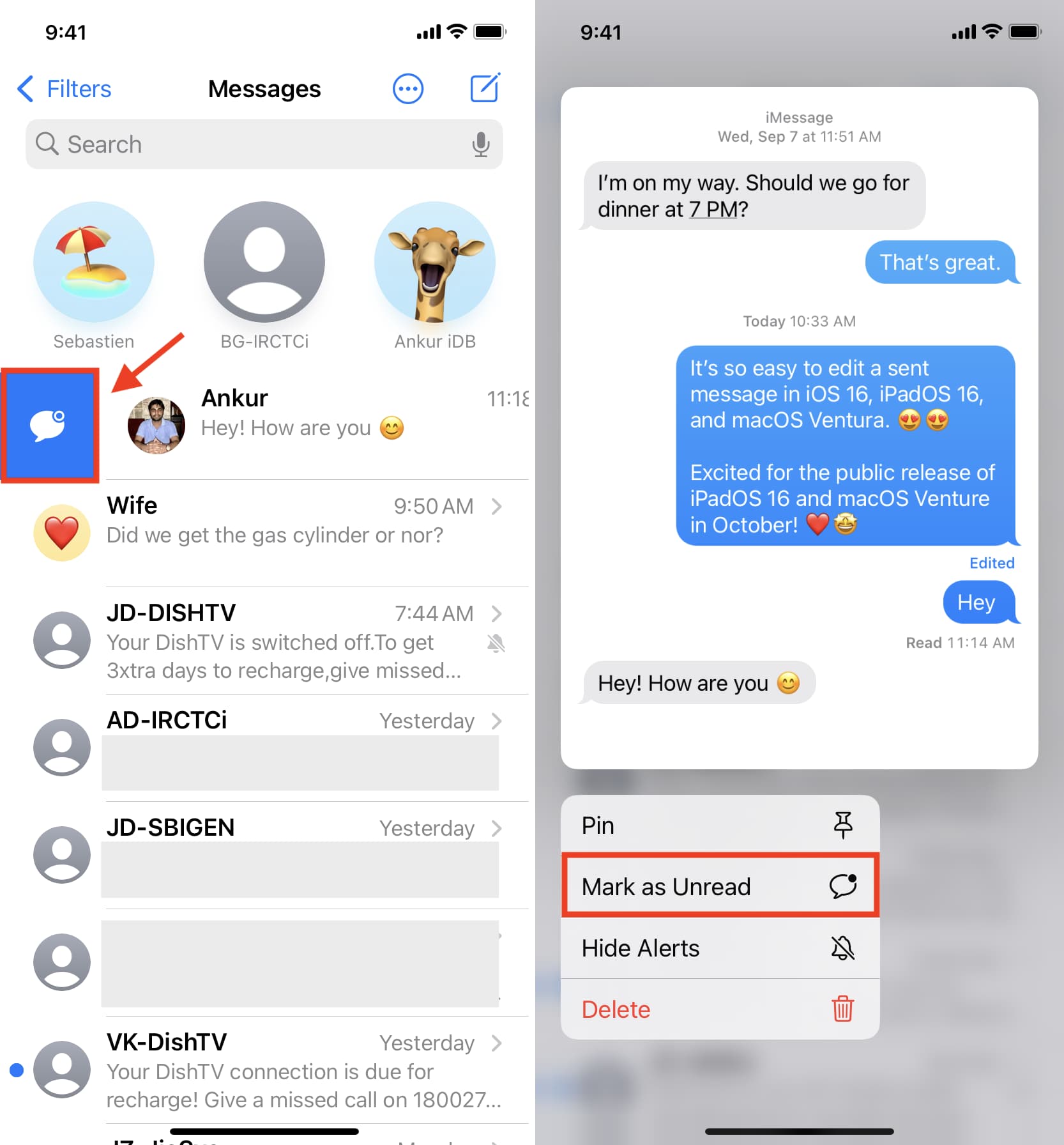 Due modi per contrassegnare il messaggio come non letto su iPhone in iOS 16