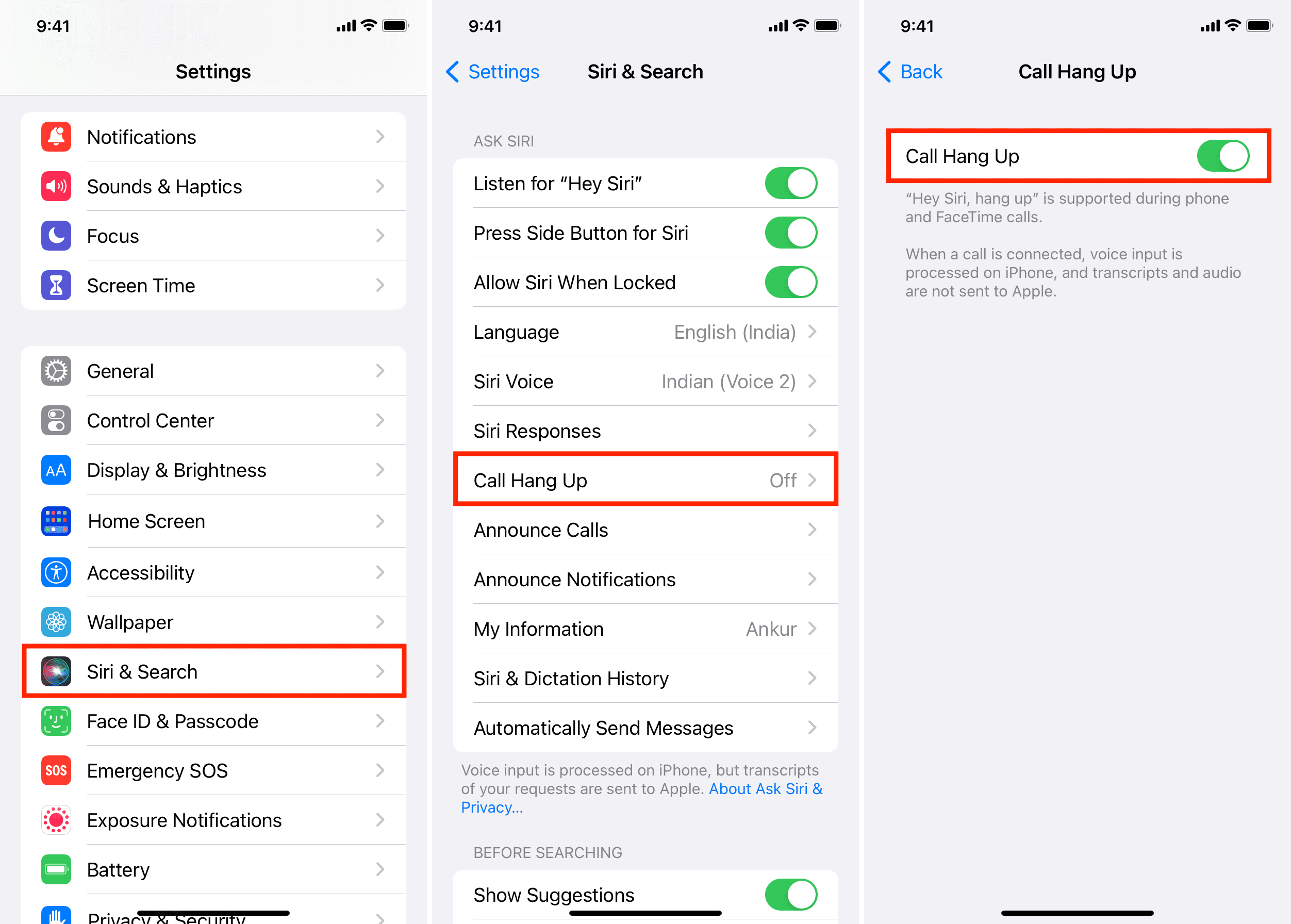 Abilita Riaggancia chiamata per far sì che Siri termini la chiamata telefonica o la chiamata FaceTime su iPhone