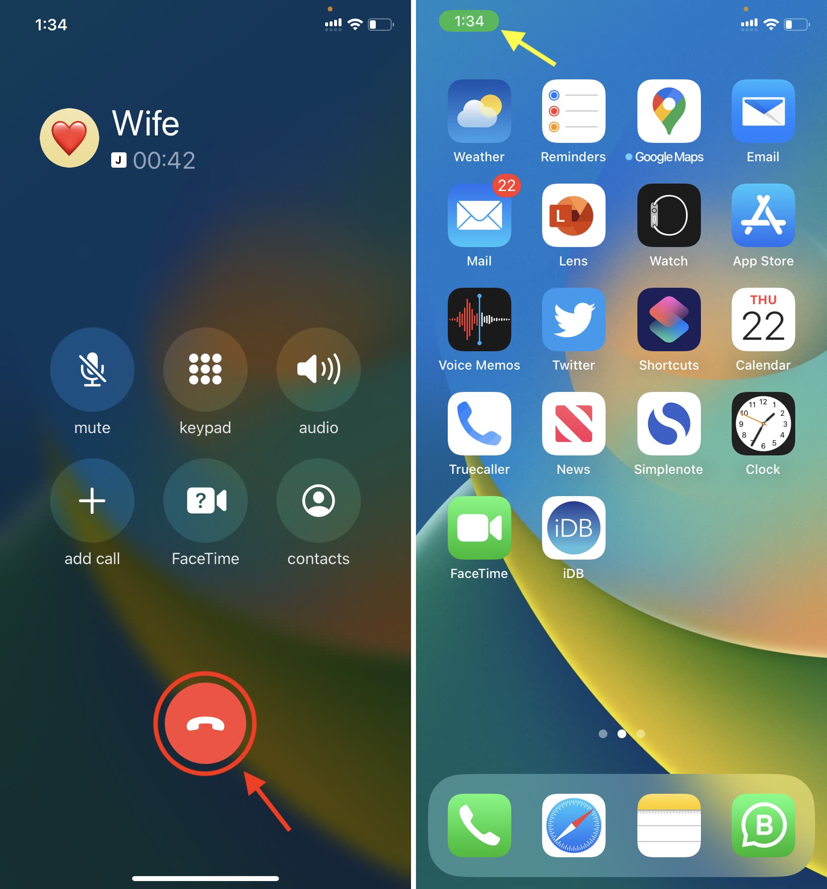Termina la chiamata su iPhone utilizzando il pulsante rosso e torna alla schermata di chiamata toccando la pillola verde dalla parte superiore del tuo iPhone