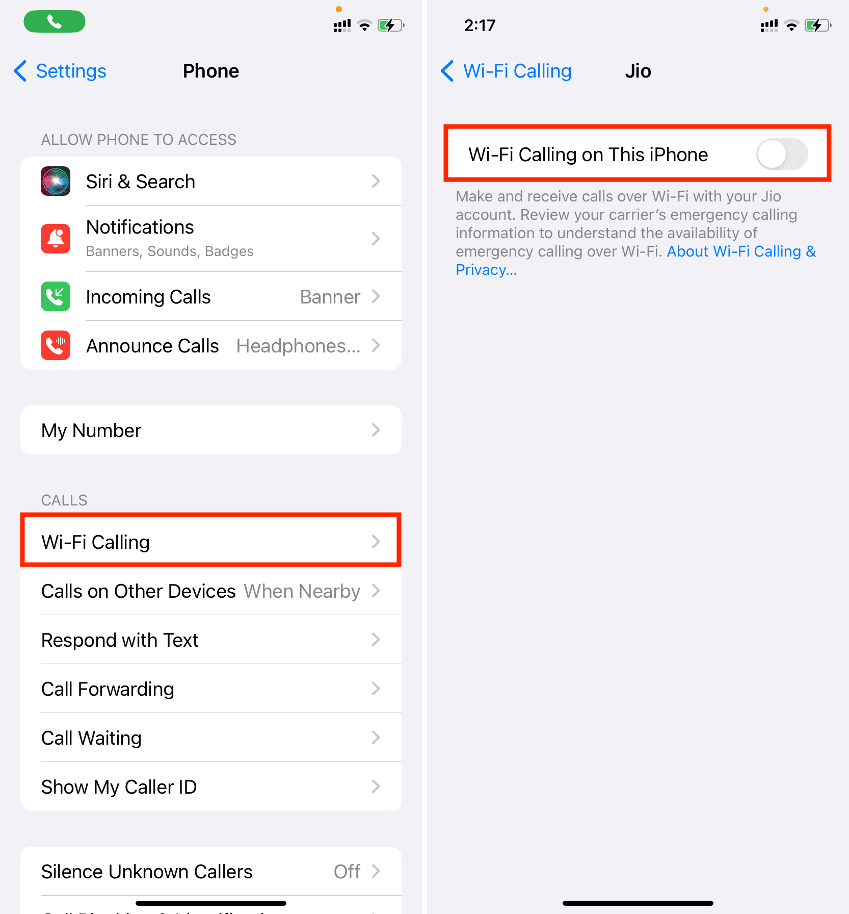 Disattiva le chiamate Wi-Fi su iPhone e la chiamata terminerà