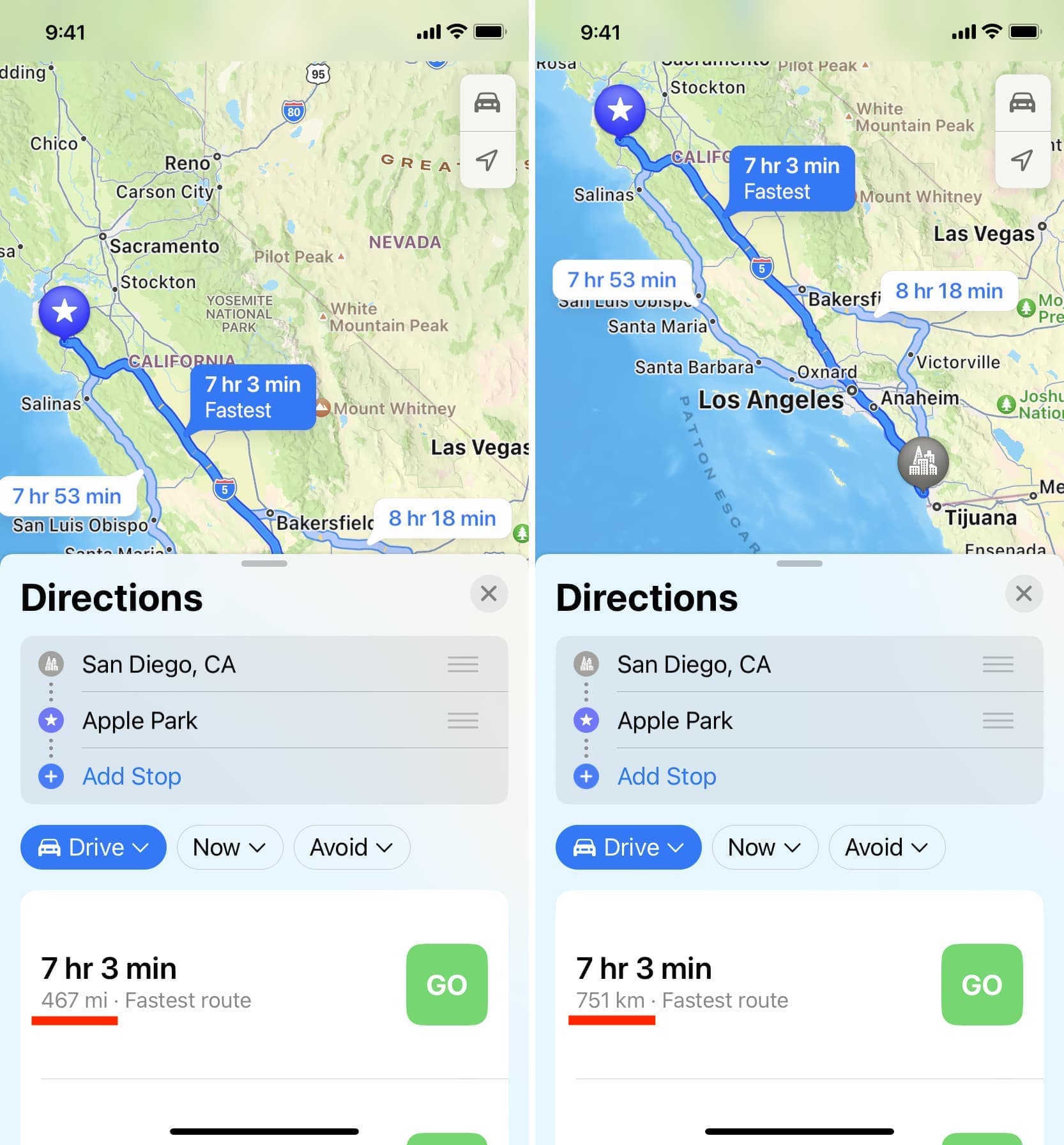 Due screenshot di Apple Maps che mostrano la distanza in miglia e chilometri