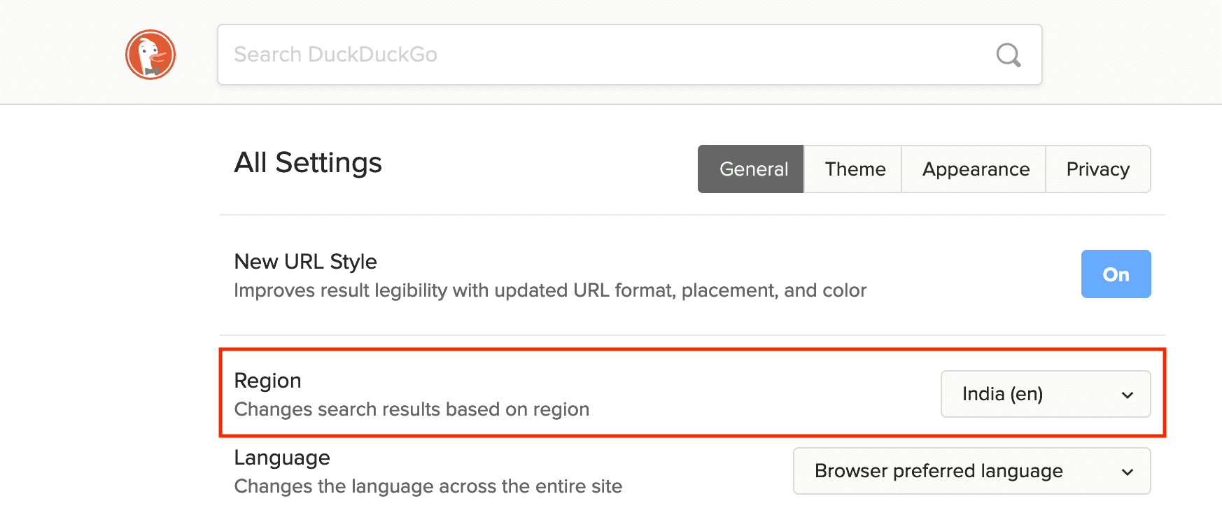 Impostazioni della regione in DuckDuckGo