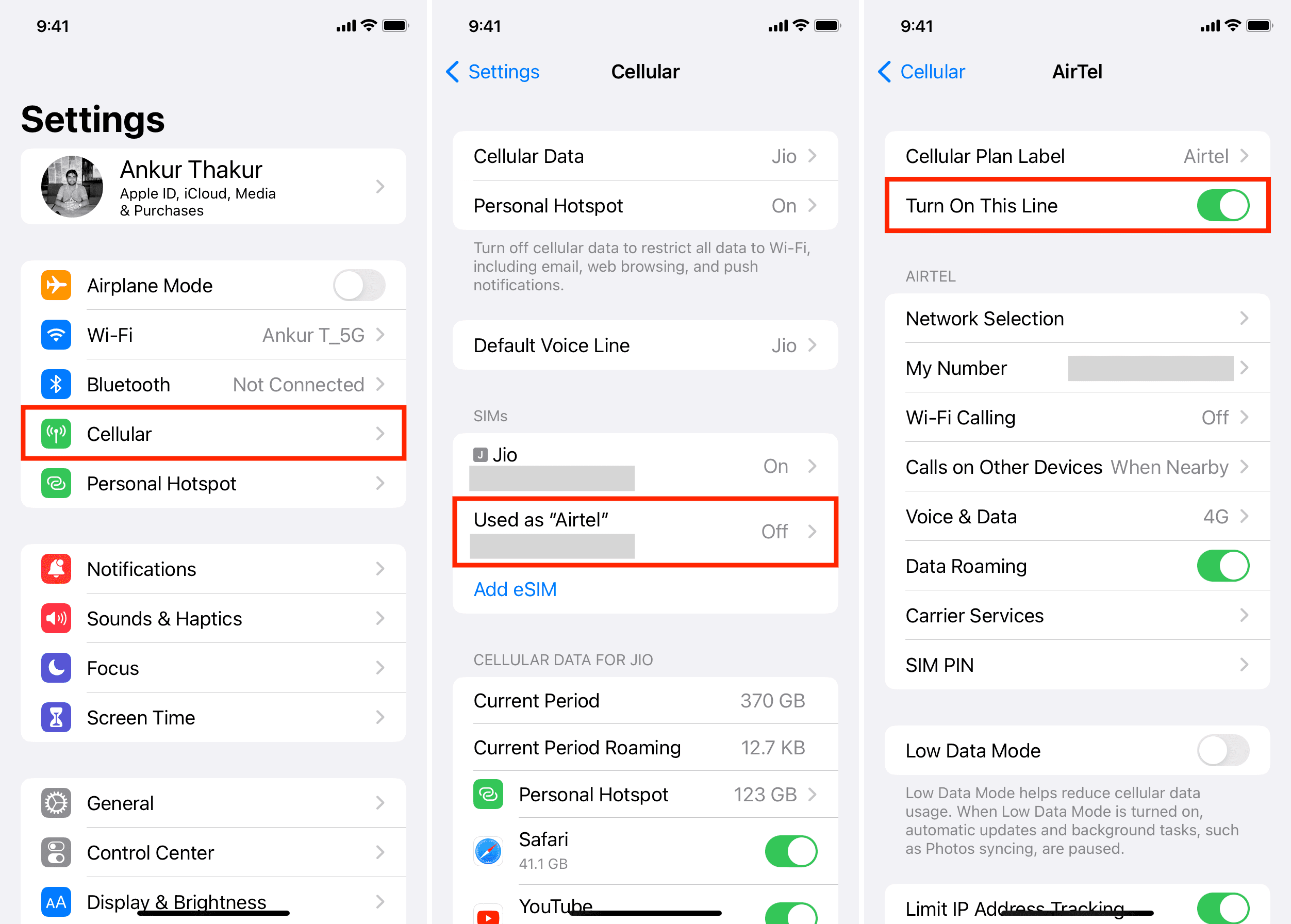 Attiva questa linea dalle impostazioni cellulare dell'iPhone