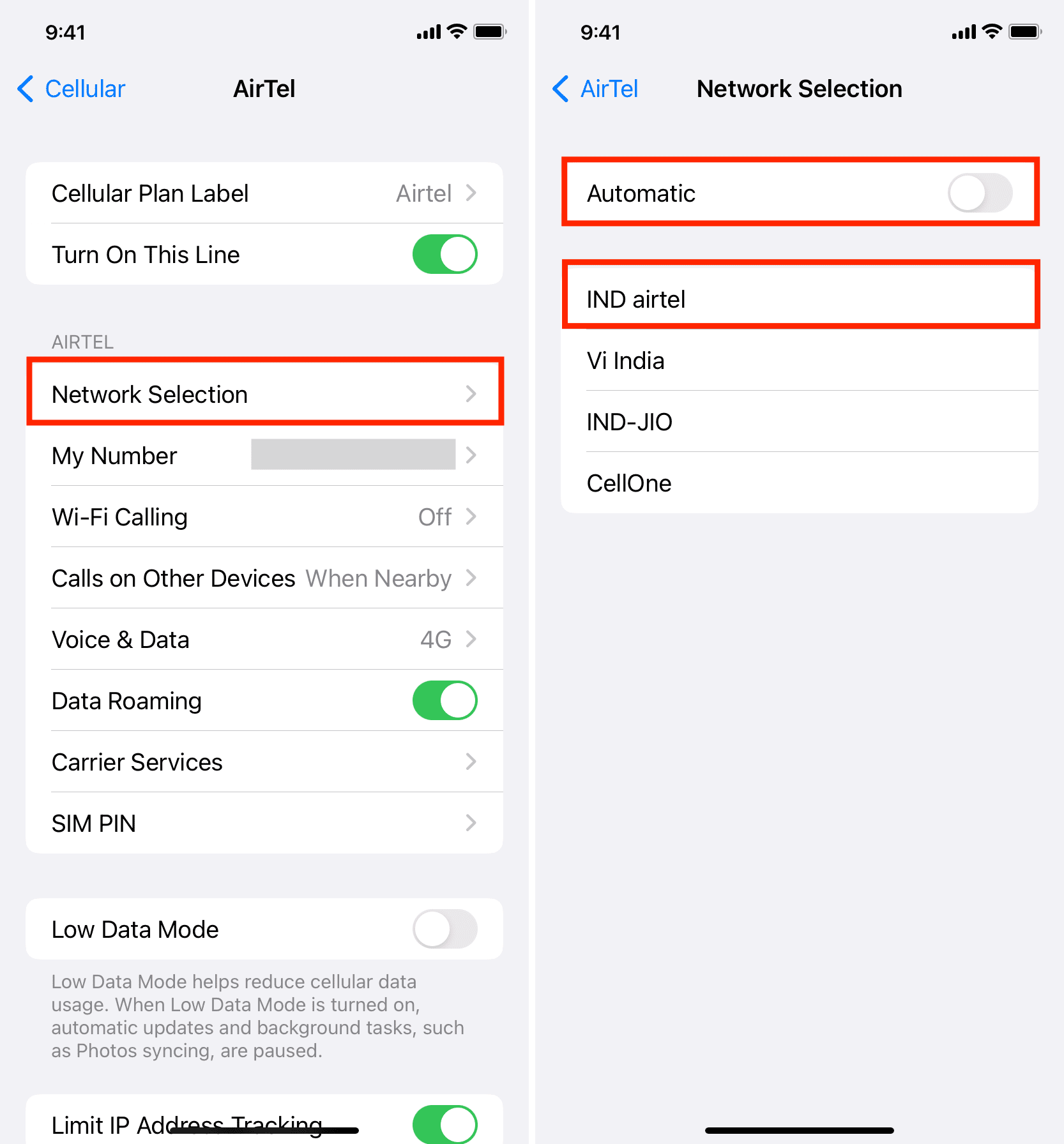 Disattiva la selezione automatica della rete su iPhone