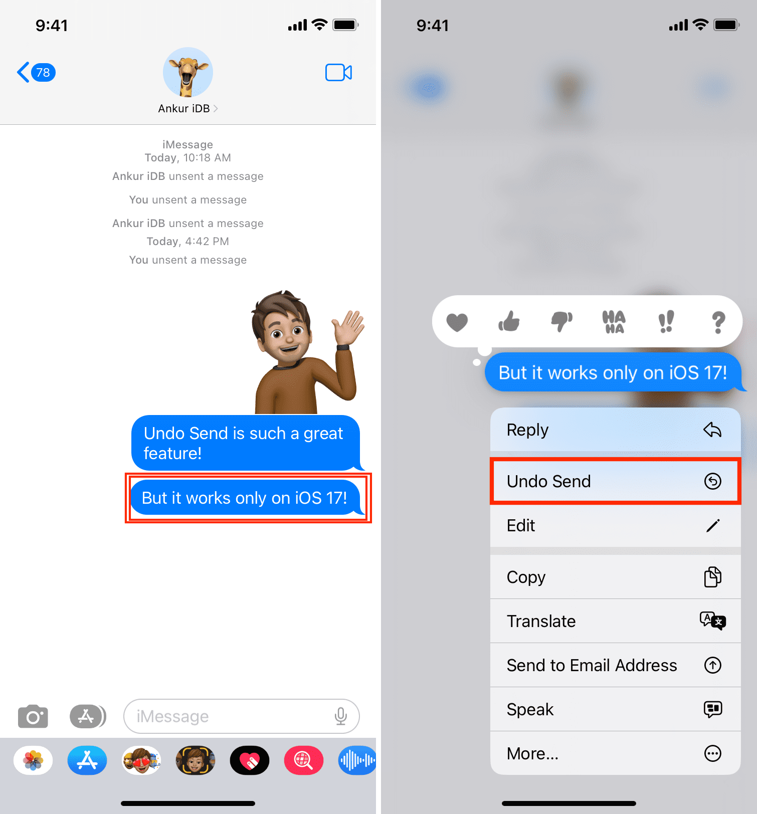 Due screenshot di iPhone che mostrano la nuova funzione Annulla invio per annullare l'invio dei messaggi