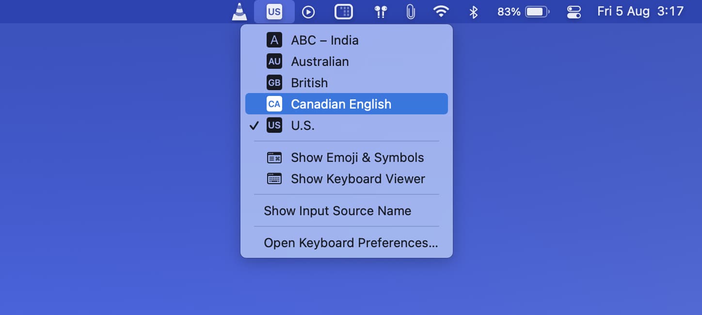 Seleziona Sorgente di input dalla barra dei menu del Mac