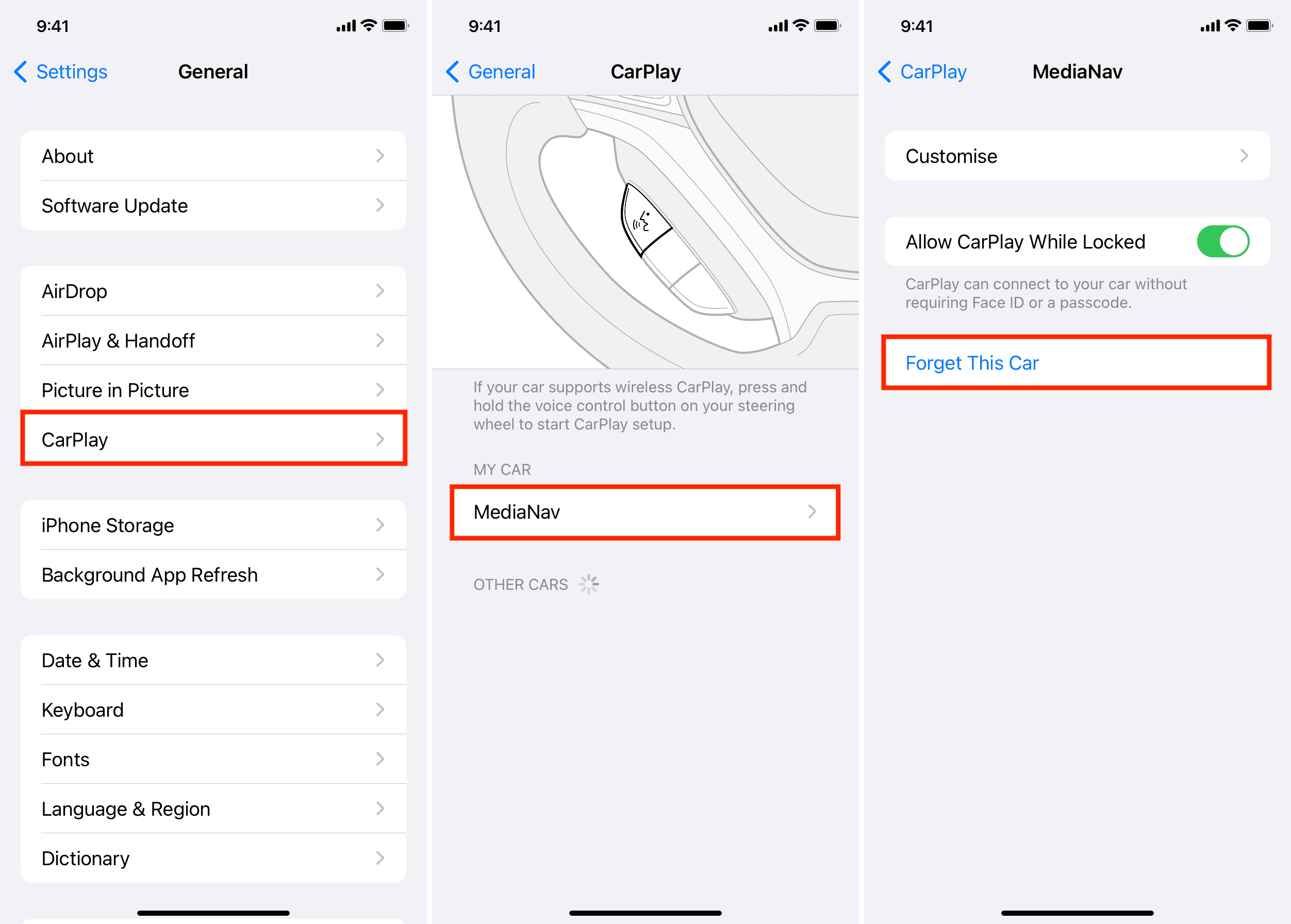 Dimentica questa macchina nelle impostazioni dell'iPhone per disattivare CarPlay