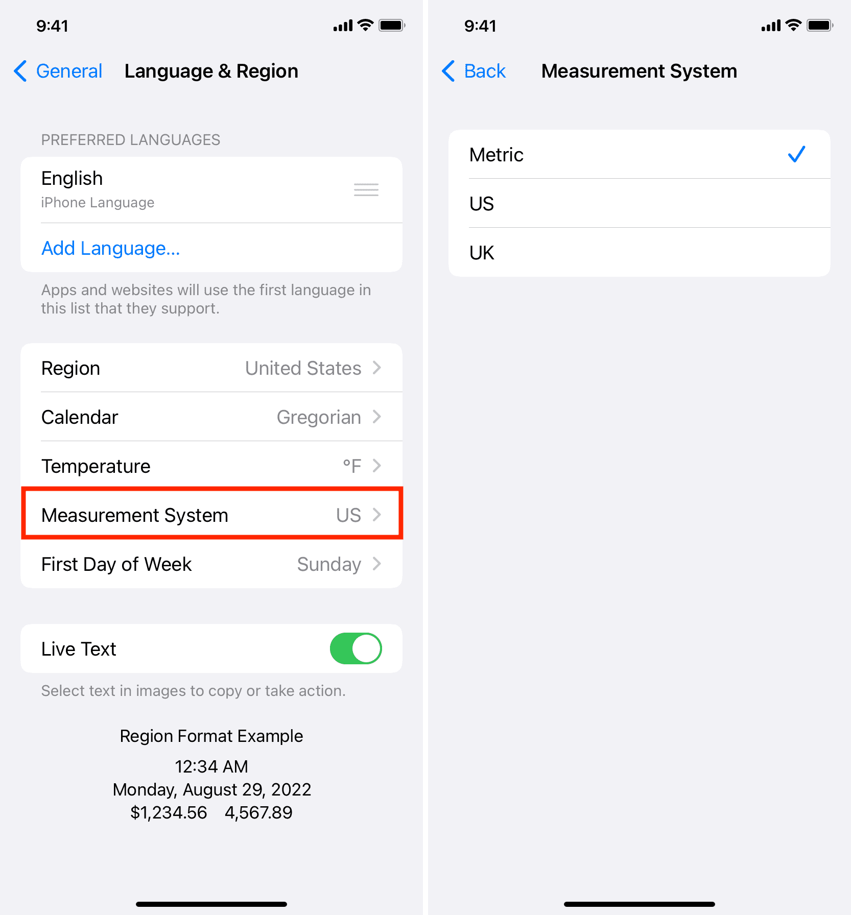Sistema di misurazione nelle impostazioni della lingua e della regione dell'iPhone