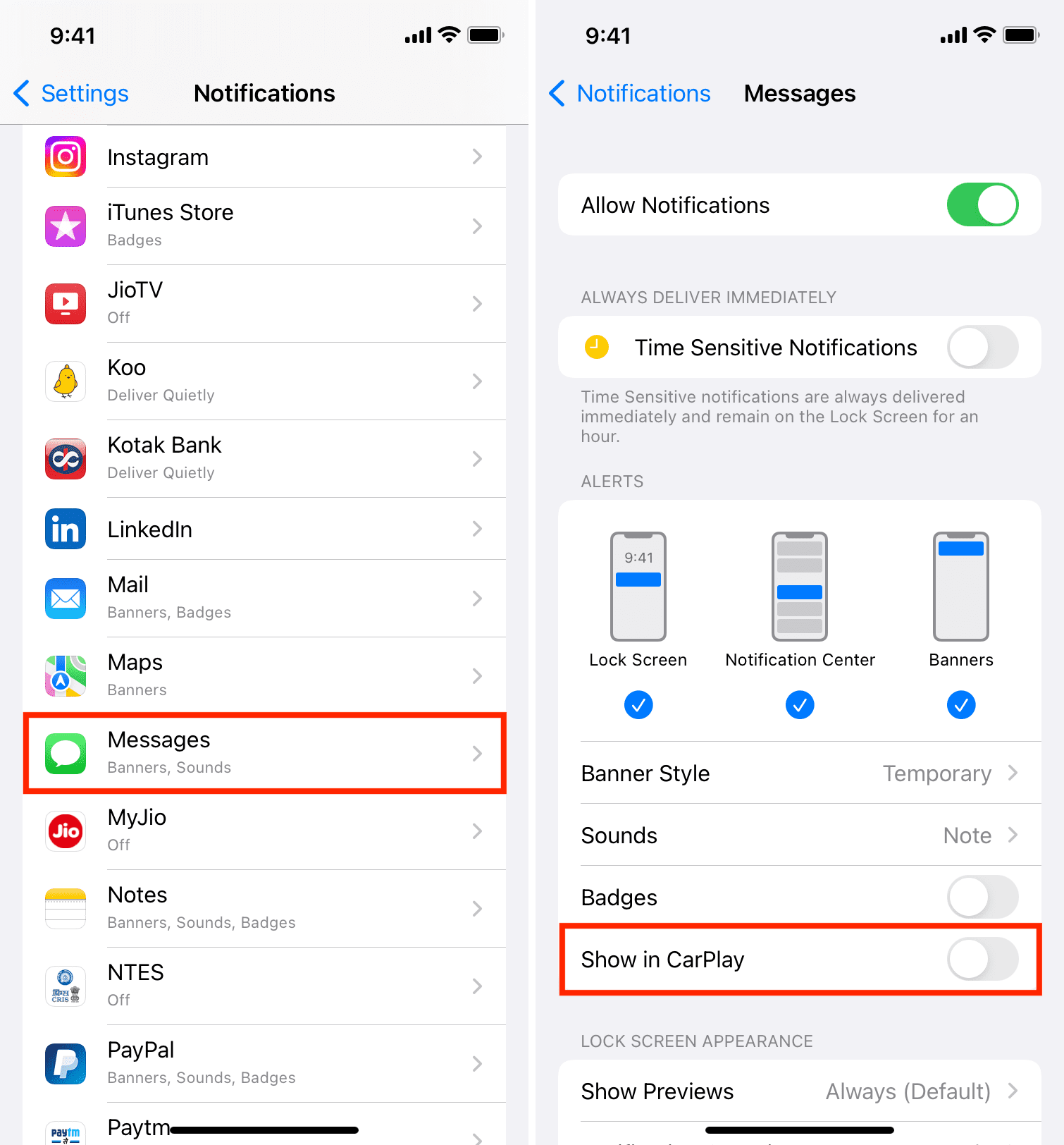 Disattiva Mostra in CarPlay per Messaggi nelle impostazioni di notifica dell'iPhone