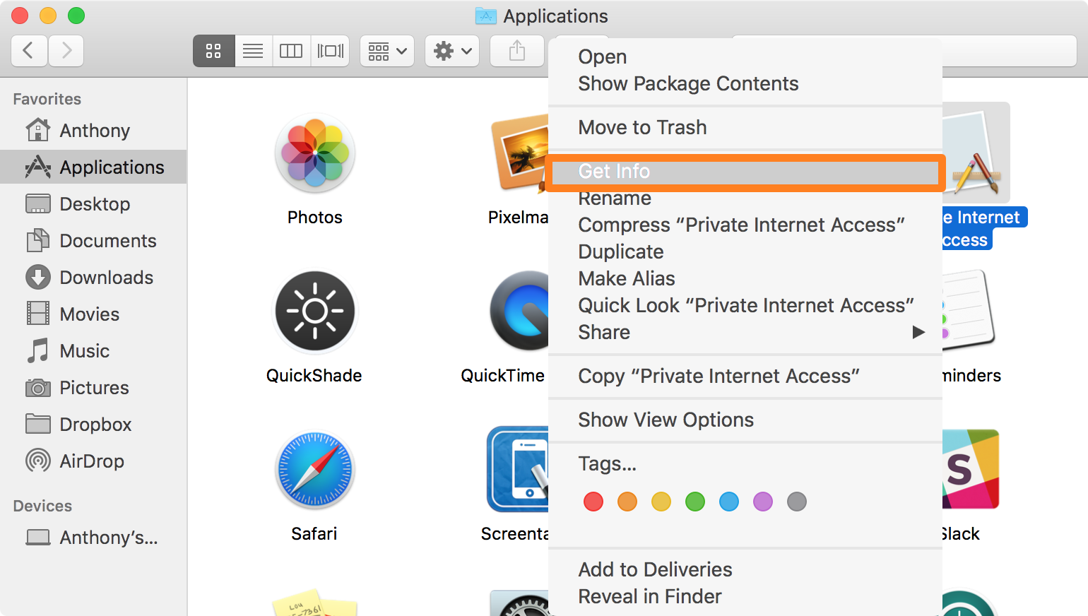 Ottieni informazioni per un'app sul Mac nella cartella Applicazioni