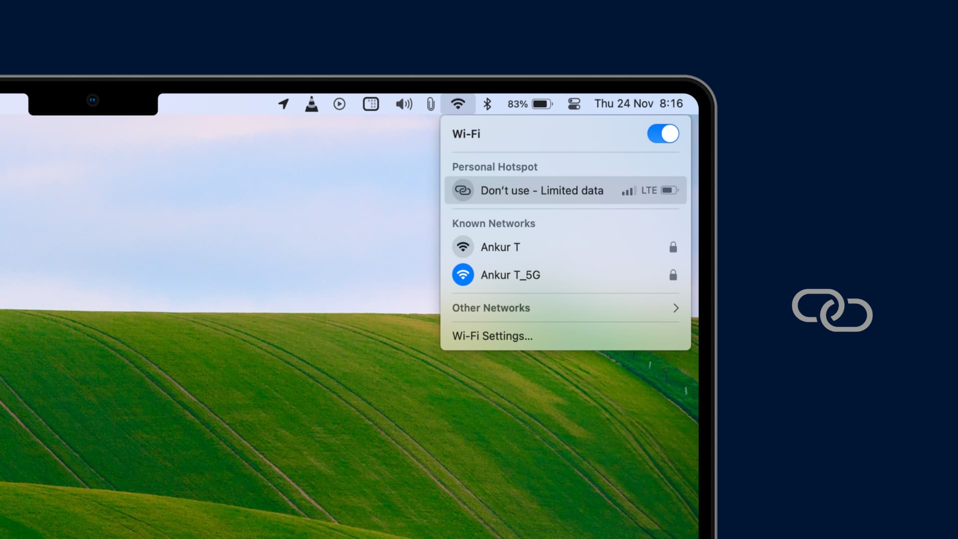 Nuovo nome dell'hotspot personale per iPhone visualizzato su Mac