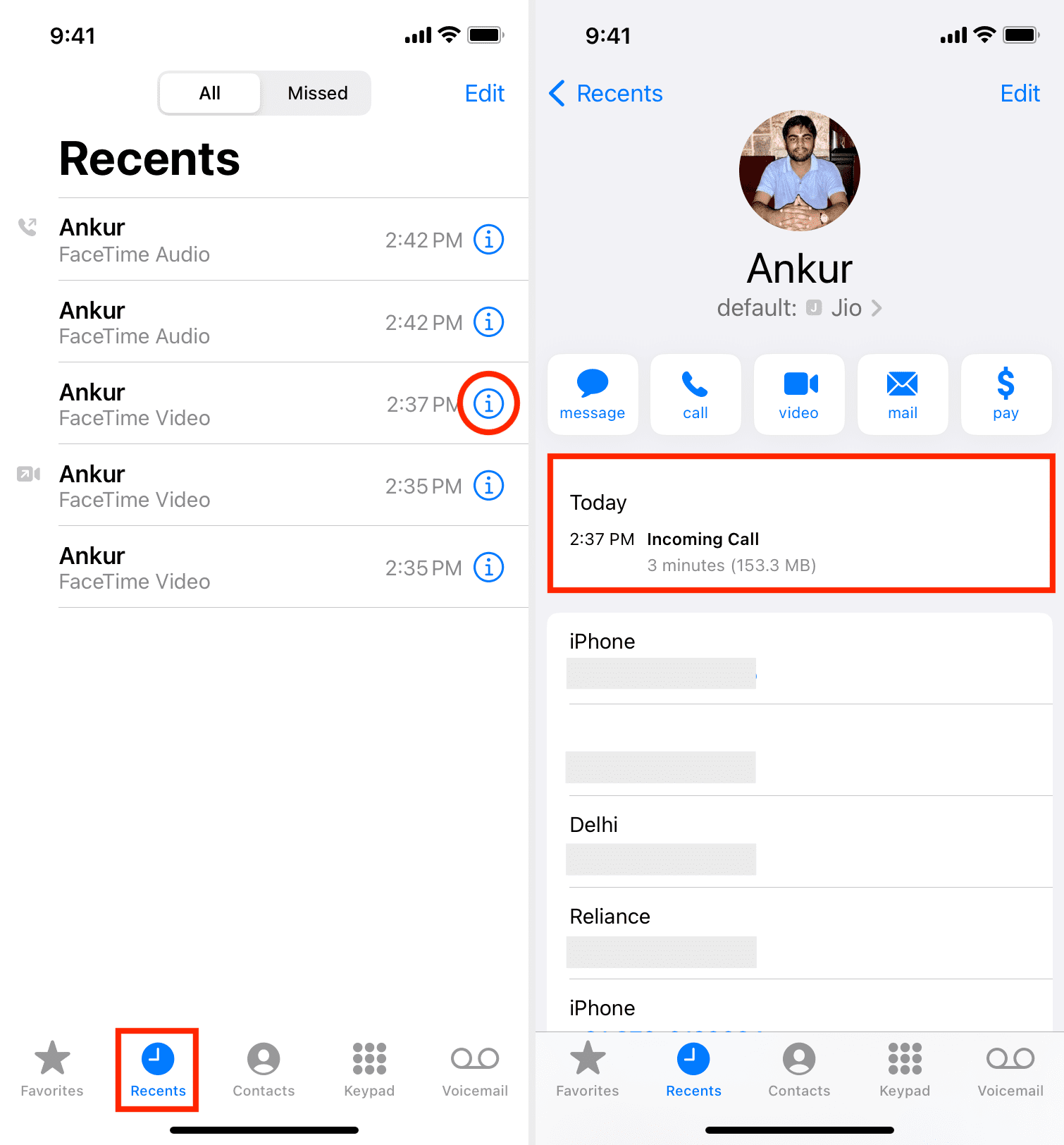Visualizza la durata delle chiamate FaceTime nell'app Telefono iPhone