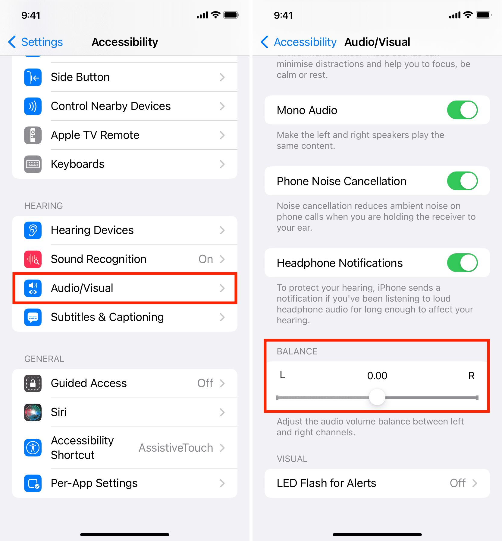 Imposta il bilanciamento audio su iPhone su 0,00 in modo che non vi sia squilibrio tra AirPod sinistro e destro