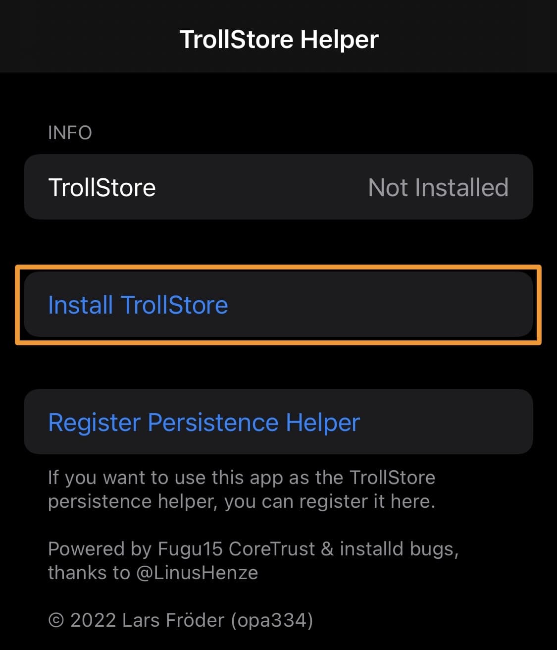 Pulsante Installa TrollStore.