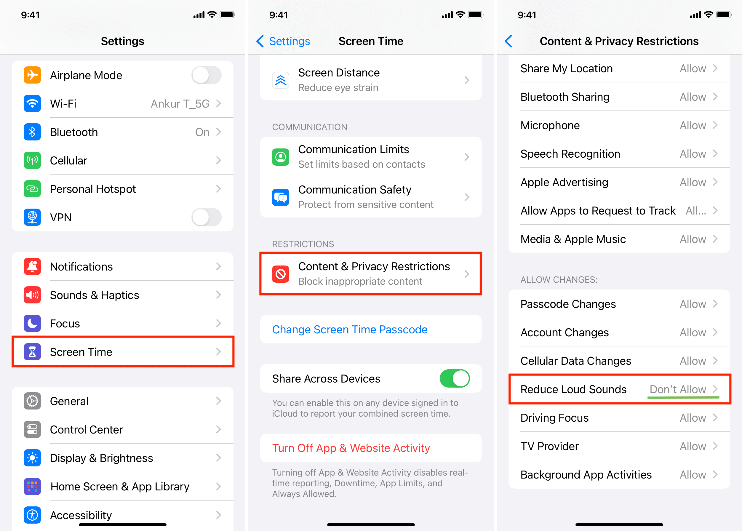 Non consentire che Riduci suoni forti cambi dalle impostazioni di Tempo di utilizzo dell'iPhone