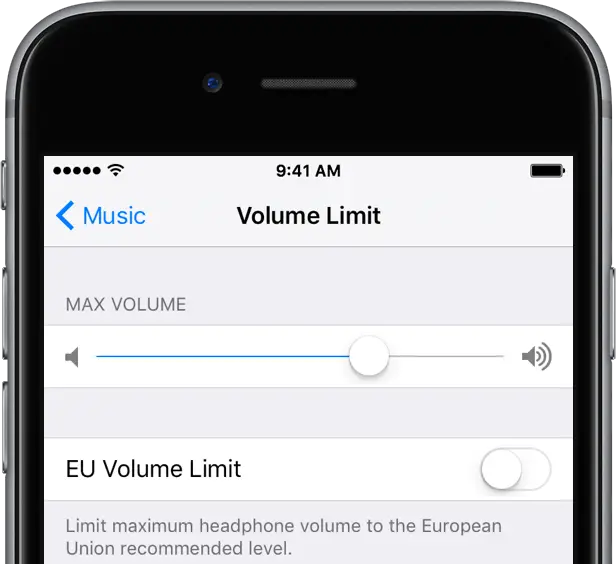 Volume massimo e limite del volume UE nelle impostazioni musicali dell'iPhone